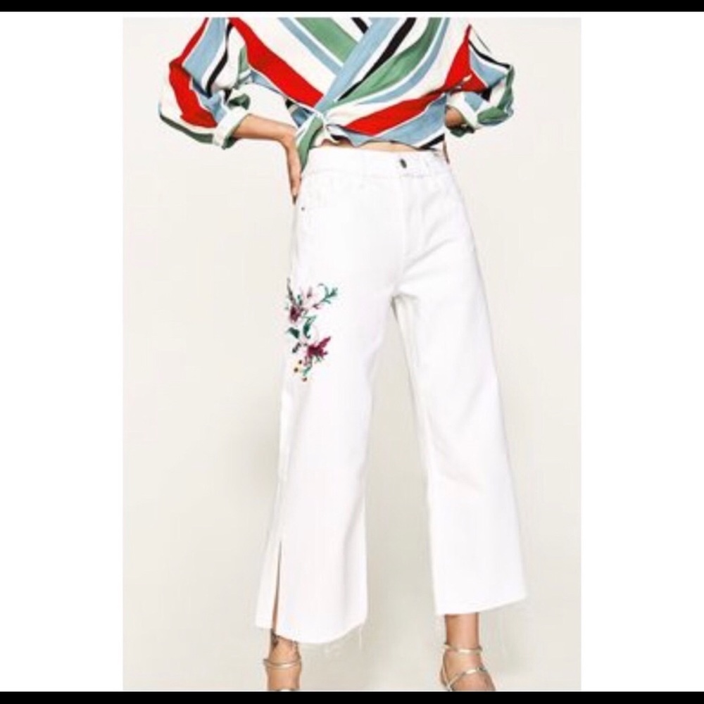 Zara embroidered Wide Leg White Denim Crop 34 - Picture 2 of 8